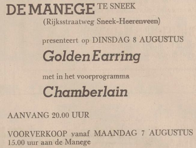 1972-08-07 Golden Earring newspaper show ad August 08 1972 Sneek - Manege